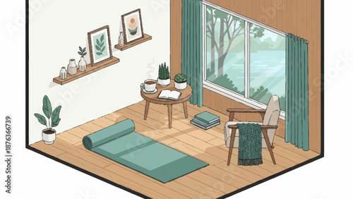 Serene Room with Meditation Mat and Calming Decor.