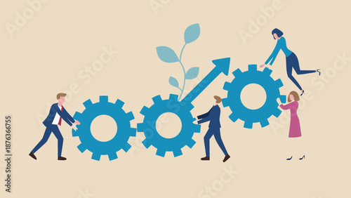 Flat vector illustration of professionals pushing gears with growth arrow and plant