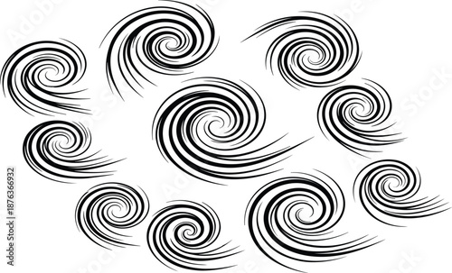 Abstract Black Line Vector Art Collection Featuring Wind Gusts Spiral Whirls and Storm Swirl Icons for Weather Graphics Creative Motion Design