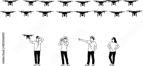 Vector Illustration of People Silhouettes Operating and Observing Flying Drones Featuring Quadcopter Fleet Technology for Modern Aerial Photography Hobby and Commercial Security