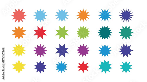 Colorful starburst shapes arranged in a grid pattern on a white background