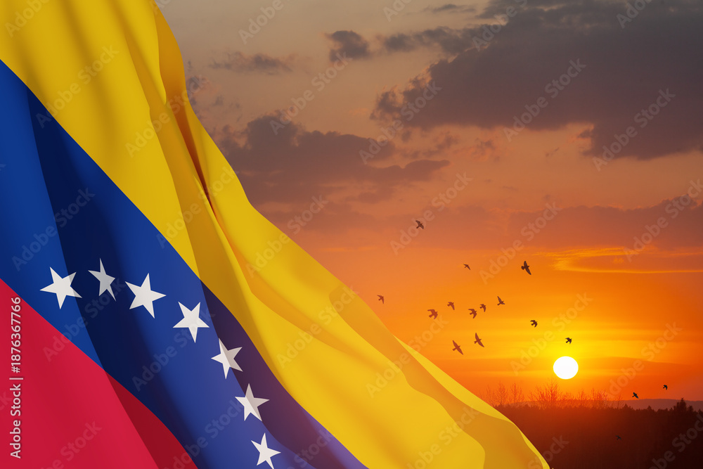 Naklejka premium Venezuela flag on background of sunset sky with flying birds. Patriotic concept. Banner with place for text.