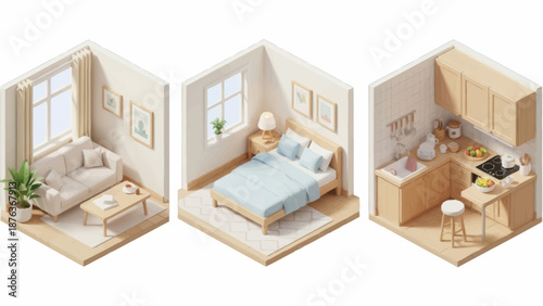 Isometric 3D Rendering of Modern Apartment Interior with Living Room Bedroom and Kitchen.
