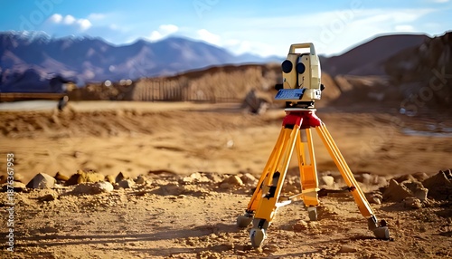 A surveying instrument is set up on a construction site, with a blurred background of mountains and earthworks under a bright sky