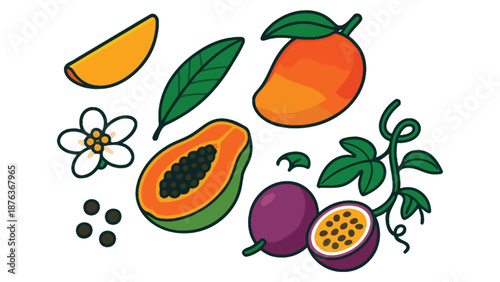 A collection of tropical fruits and leaves is displayed against a white background.
