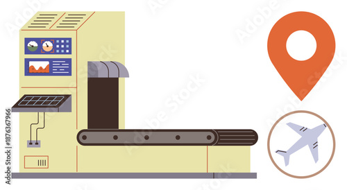Travel, airport security, baggage scanning, logistics, transportation, safety measures. Conveyor belt with control panels. Travel and airport security highlighted in this practical setup imagery