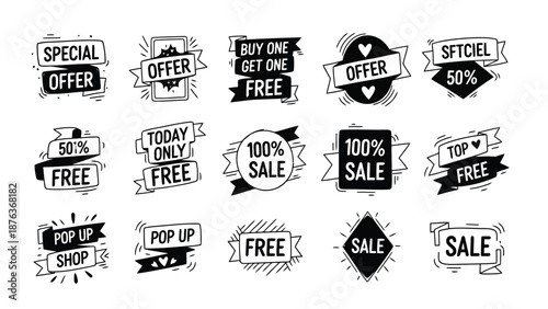 Collection of hand drawn style black and white sale and offer badges