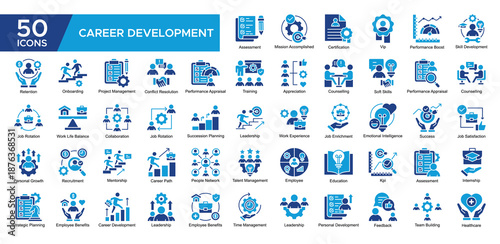 Career Development collection set. Assessment, Certification ,Skill Development, Project Management, Retetion, Counselling , Success, Soft Skills, icon. Simple Dual Tone vector illustration