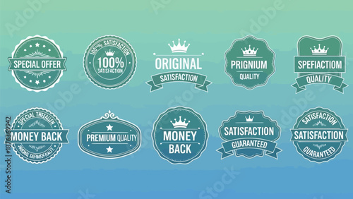 Collection of various vintage style badges and labels with text and icons