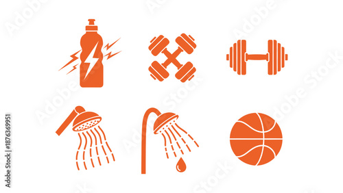 Fitness and sports icons with energy drink, dumbbells, shower, and basketball