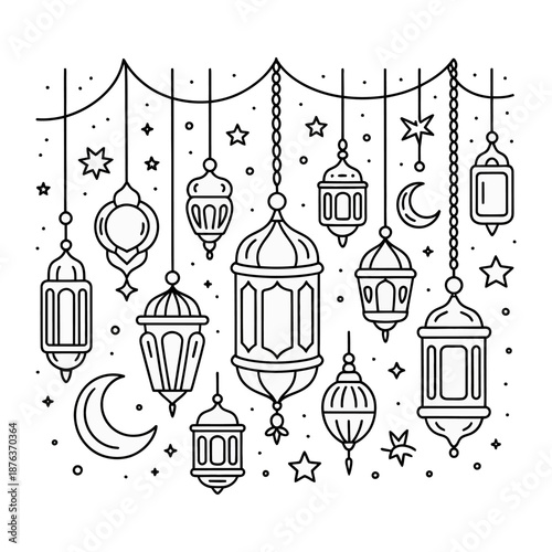 Lanterns and Stars Illustration: This illustration features intricately designed lanterns hanging alongside delicate stars and crescent moons.