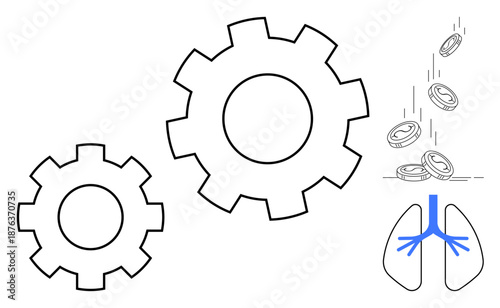 Economy, healthcare, productivity, machinery, financial growth, medical systems. Two interlocking gears, falling coins and lungs. Economy and healthcare concept with gears systems