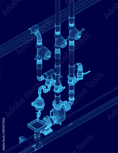 A 3D wireframe blueprint of a complex water supply system with pipes, valves, and an electric pump engine against a blue background.