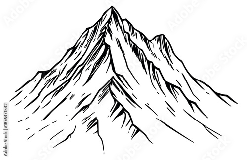 Hand drawn line art illustration of a mountain depicting a majestic peak for nature adventure
