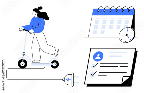 Woman on electric scooter, calendar with clock, checklist, and plug. Ideal for productivity, planning, commuting, eco-awareness time efficiency scheduling energy use. Clean simple flat metaphor