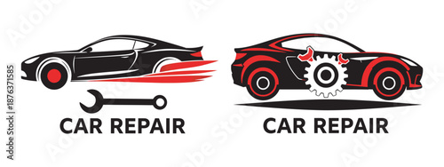 Car repair logos featuring speedy vehicle silhouettes and tools for service