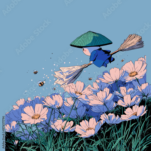 Whimsical Child with Broom in Colorful Flower Garden