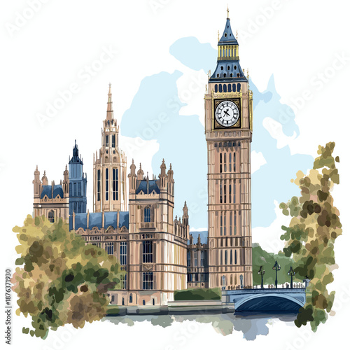 Big Ben and Houses of Parliament. Big Ben and Houses of Parliament watercolor vector illustration
