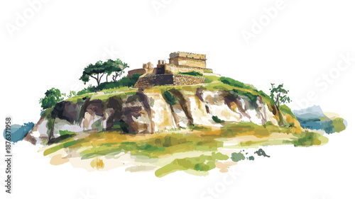 Kuelap Fortress. Kuelap Fortress hand drawn watercolor illustration