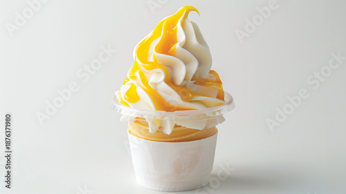 Delicious vanilla soft serve ice cream with rich mango sauce served in a clear plastic cup, isolated on a clean white background 
