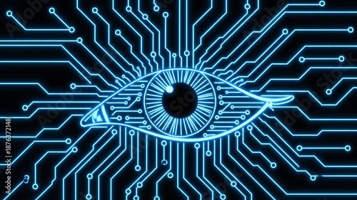 Digital eye forming on a circuit board representing surveillance