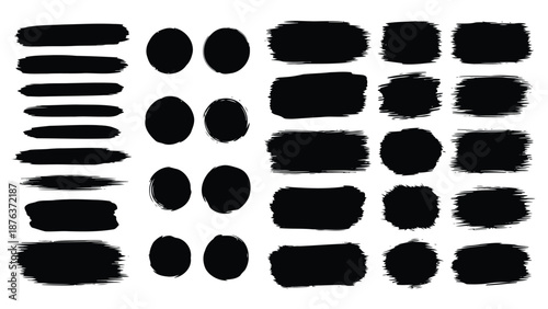 Collection of abstract black brush strokes and paint splatters arrangement