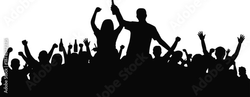 Silhouetted crowd celebrating with raised arms and bottles at party concert festival, energetic nightlife audience cheering unity excitement illustration black silhouette people background