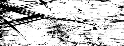 Black and white grunge distressed texture overlay with messy paint brush strokes scratches and ink splatters abstract artistic background vector