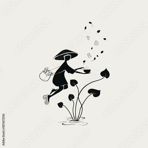 Whimsical Woman Dancing Amongst Flowers and Floating Cards