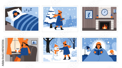 Winter lifestyle illustration set, cozy hygge scenes with people in snow, 6 flat vector EPS cards for seasonal holiday activities