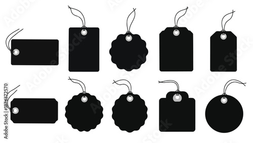 Collection of black price tags and label designs with string attachments