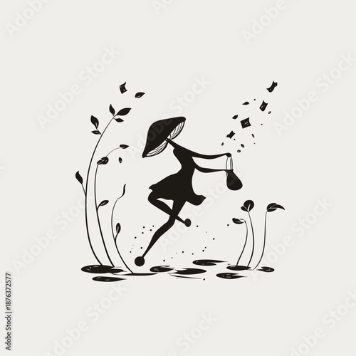 Whimsical Woman Dancing Amongst Flowers and Floating Cards