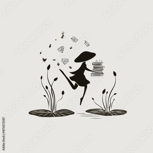 Whimsical Woman Dancing Amongst Flowers and Floating Cards