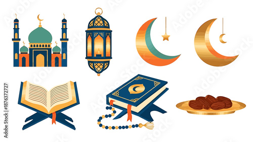 Ramadan Kareem symbols and icons with mosque, Quran, lantern, dates, crescent moon