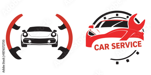 Car service emblem with front view vehicle framed by large steering wheel