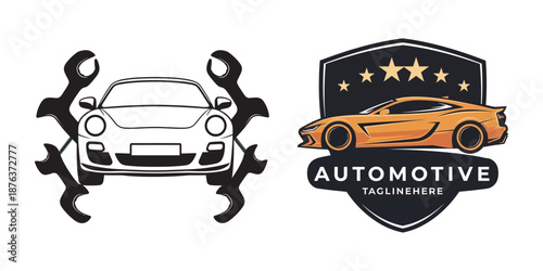 Automotive service and car repair logos with sports vehicles and professional tools