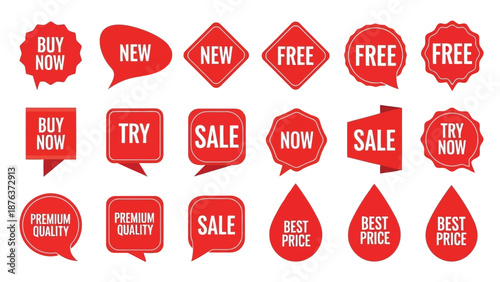 Assortment of vibrant red sale and promotional badges labels and speech bubbles