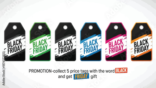 Colorful black friday price tags with dynamic designs and promotional text