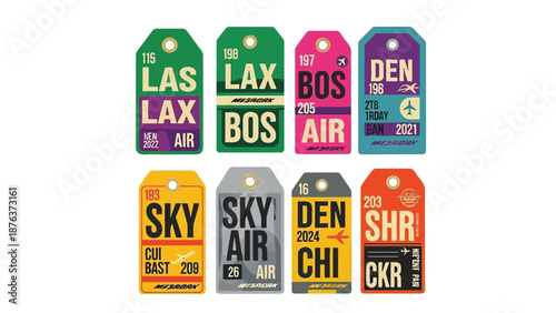 Colorful luggage tags displaying airport codes for various travel destinations