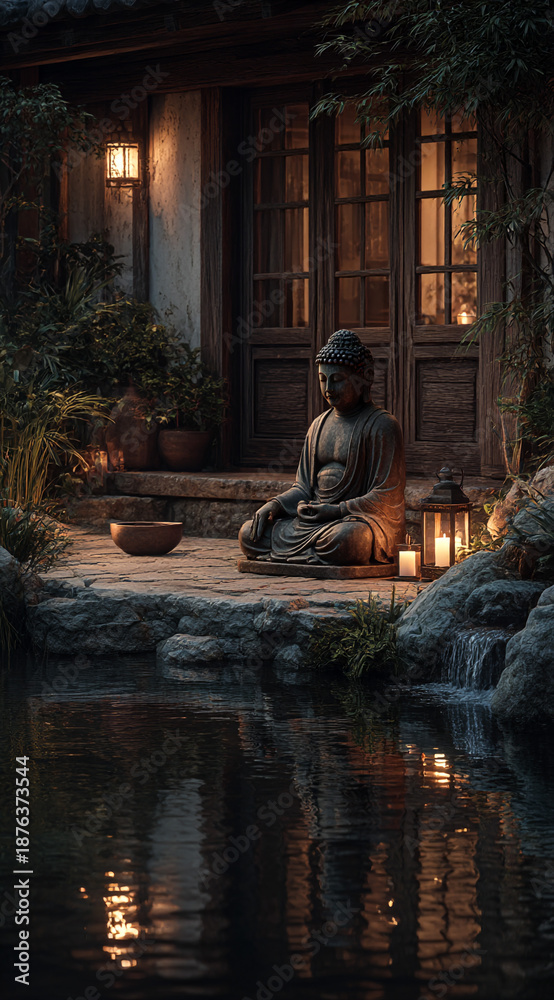 Fototapeta premium A tranquil Zen garden with an open meditation space, adorned with smooth stones and water features. A Buddha statue stands in the center, surrounded by hanging lanterns and serene details. Small metal