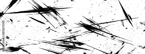 Abstract Grunge Scratch Texture Vector Black Ink Splatters and Sharp Brush Strokes on White Background Distressed Overlay Element