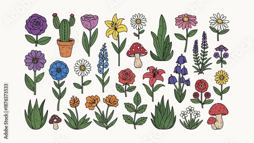 An artistic collection of colorful flowers cacti mushrooms and lush green foliage