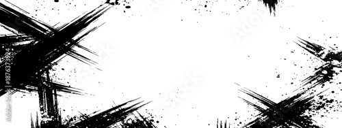 Grungy black paint strokes border background vector Distressed texture frame with ink splatter and aggressive lines