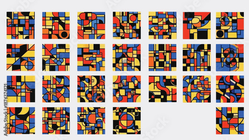 A grid of colorful abstract geometric art pieces in red blue and yellow
