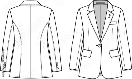 Men blazer jacket cad drawing, flat vector illustration with front and back view, tailored fashion outerwear technical design, formal apparel garment outline