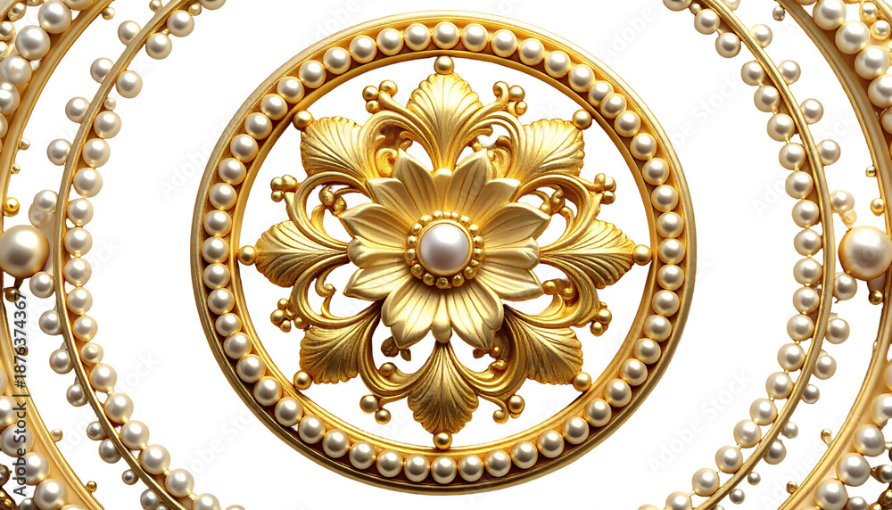 Obraz premium Intricate golden floral design framed by pearl beaded circles