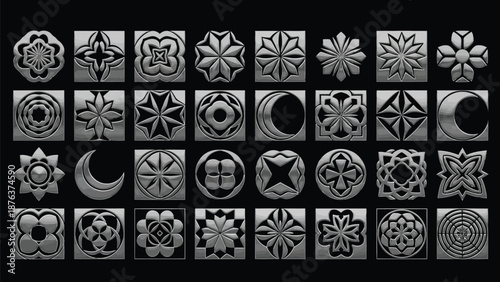 Collection of grayscale ornamental patterns displayed in a grid arrangement