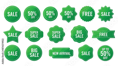 Collection of vibrant green sale badges and promotional offer labels