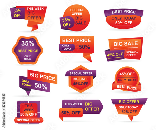 Eye catching vector badges showing big offer only today and best price deals with varied percentage discounts for marketing campaigns