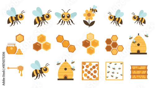Bee Honeycomb Hive Elements Set Illustration.